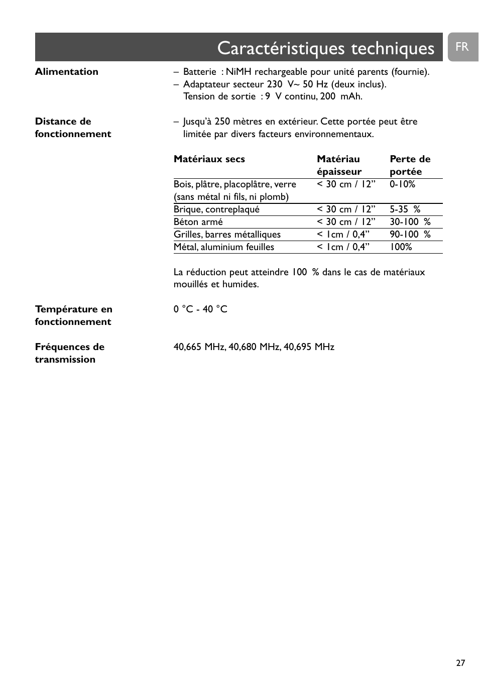 Caractéristiques techniques | Philips SBCSC465 User Manual | Page 27 / 173