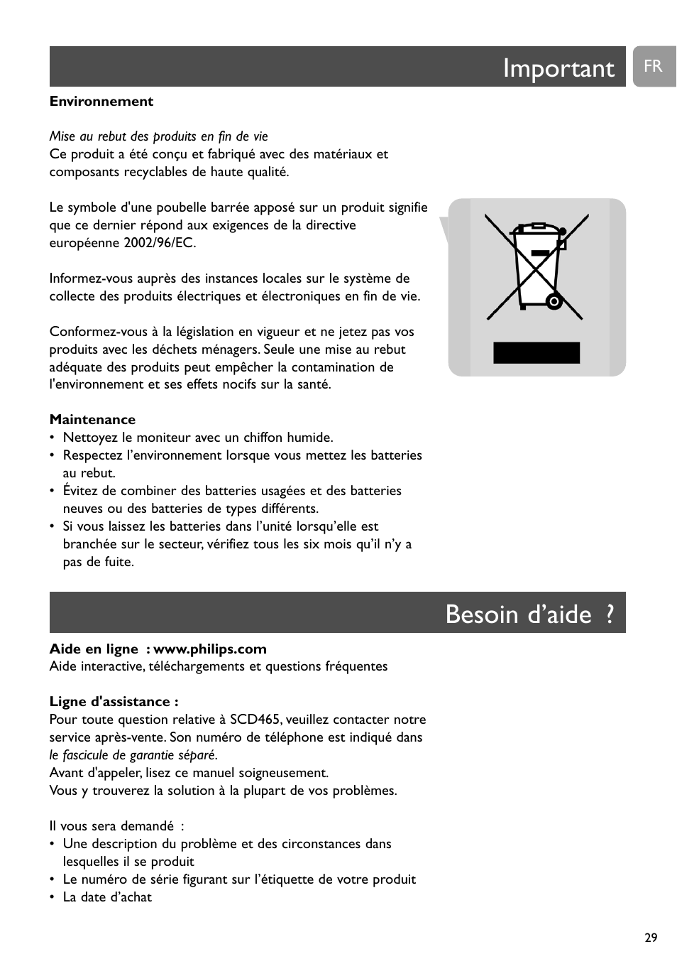 Important, Besoin d’aide | Philips SBCSC465 User Manual | Page 29 / 173