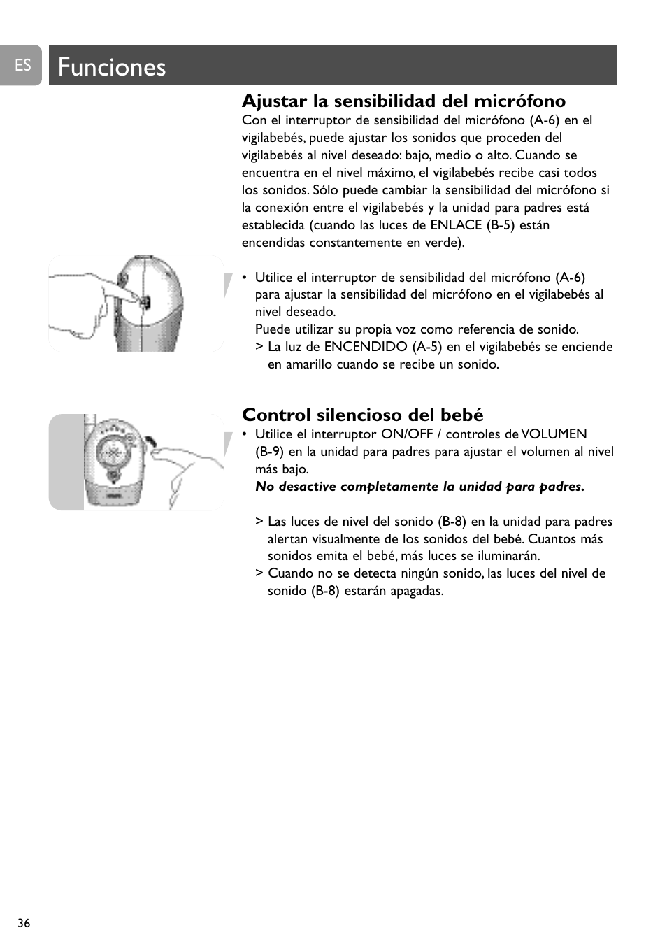 Funciones, Ajustar la sensibilidad del micrófono, Control silencioso del bebé | Philips SBCSC465 User Manual | Page 36 / 173