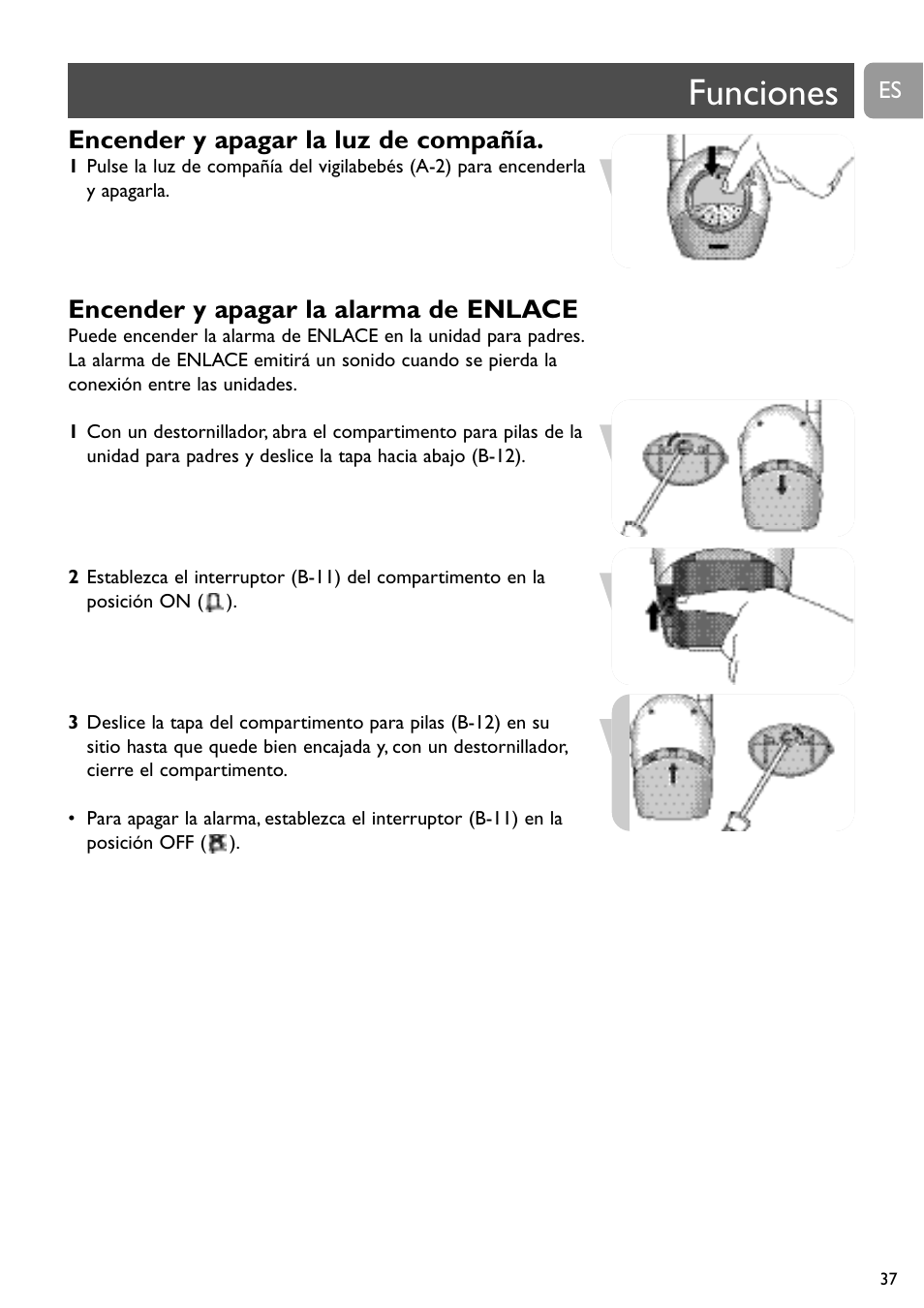 Funciones, Encender y apagar la luz de compañía, Encender y apagar la alarma de enlace | Philips SBCSC465 User Manual | Page 37 / 173