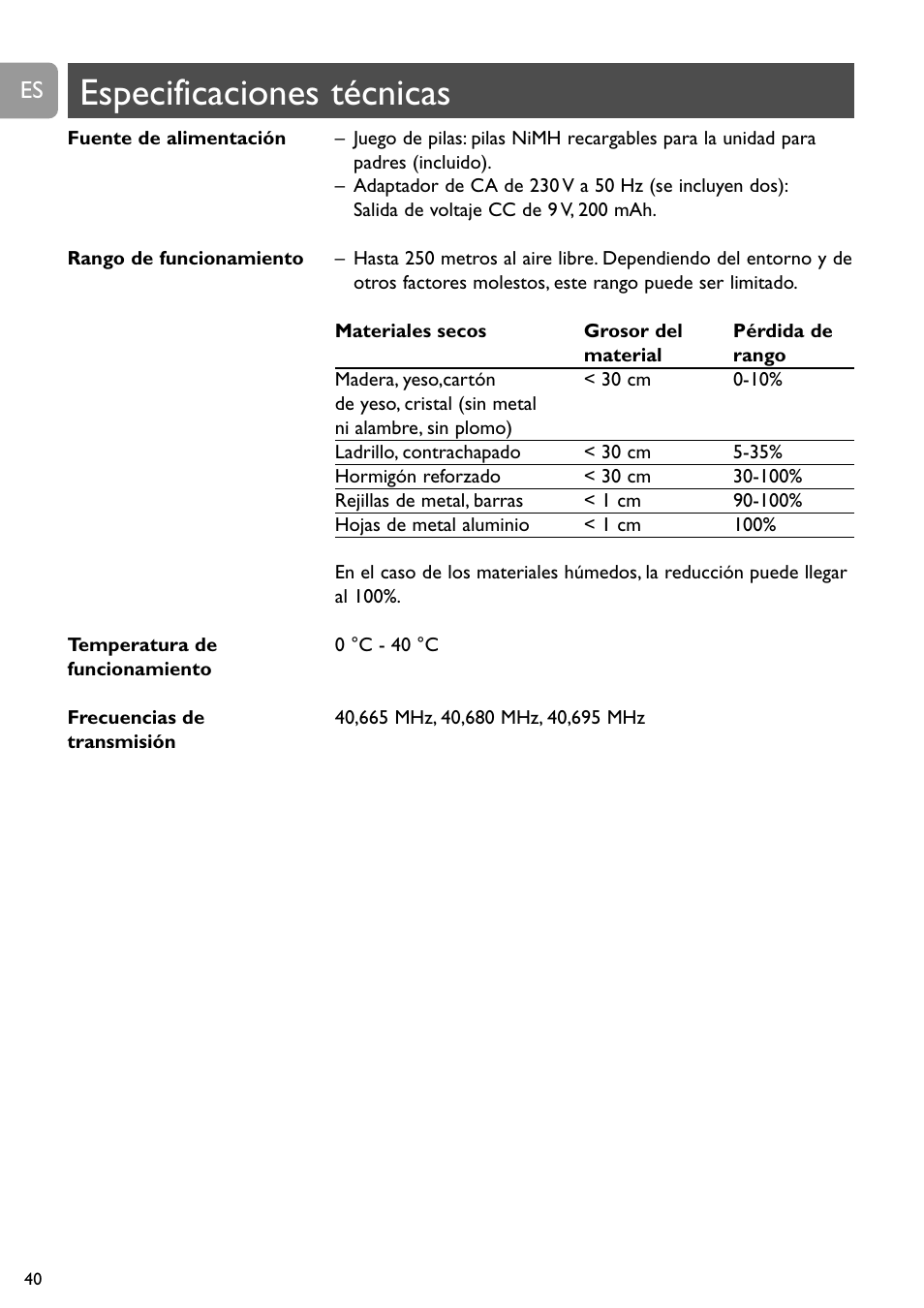 Especificaciones técnicas | Philips SBCSC465 User Manual | Page 40 / 173