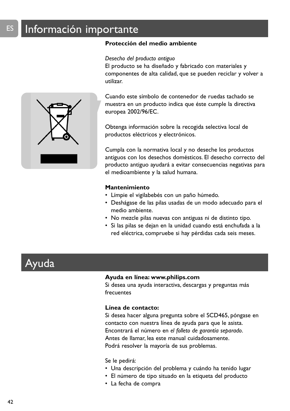 Información importante, Ayuda | Philips SBCSC465 User Manual | Page 42 / 173