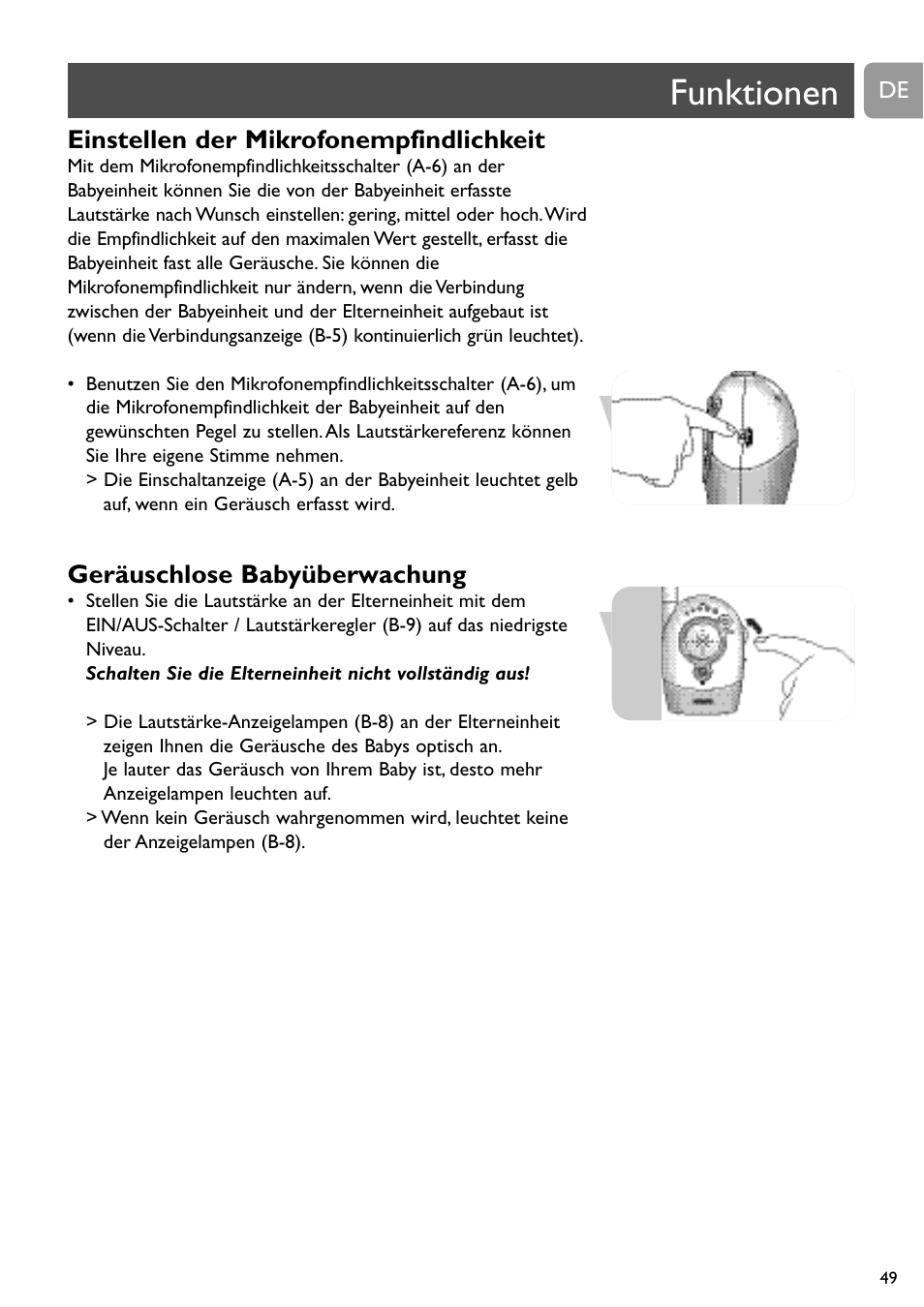 Funktionen, Einstellen der mikrofonempfindlichkeit, Geräuschlose babyüberwachung | Philips SBCSC465 User Manual | Page 49 / 173