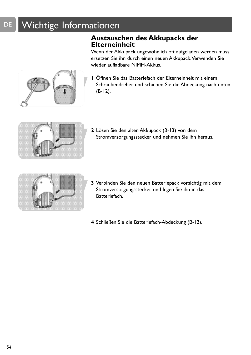 Wichtige informationen, Austauschen des akkupacks der elterneinheit | Philips SBCSC465 User Manual | Page 54 / 173