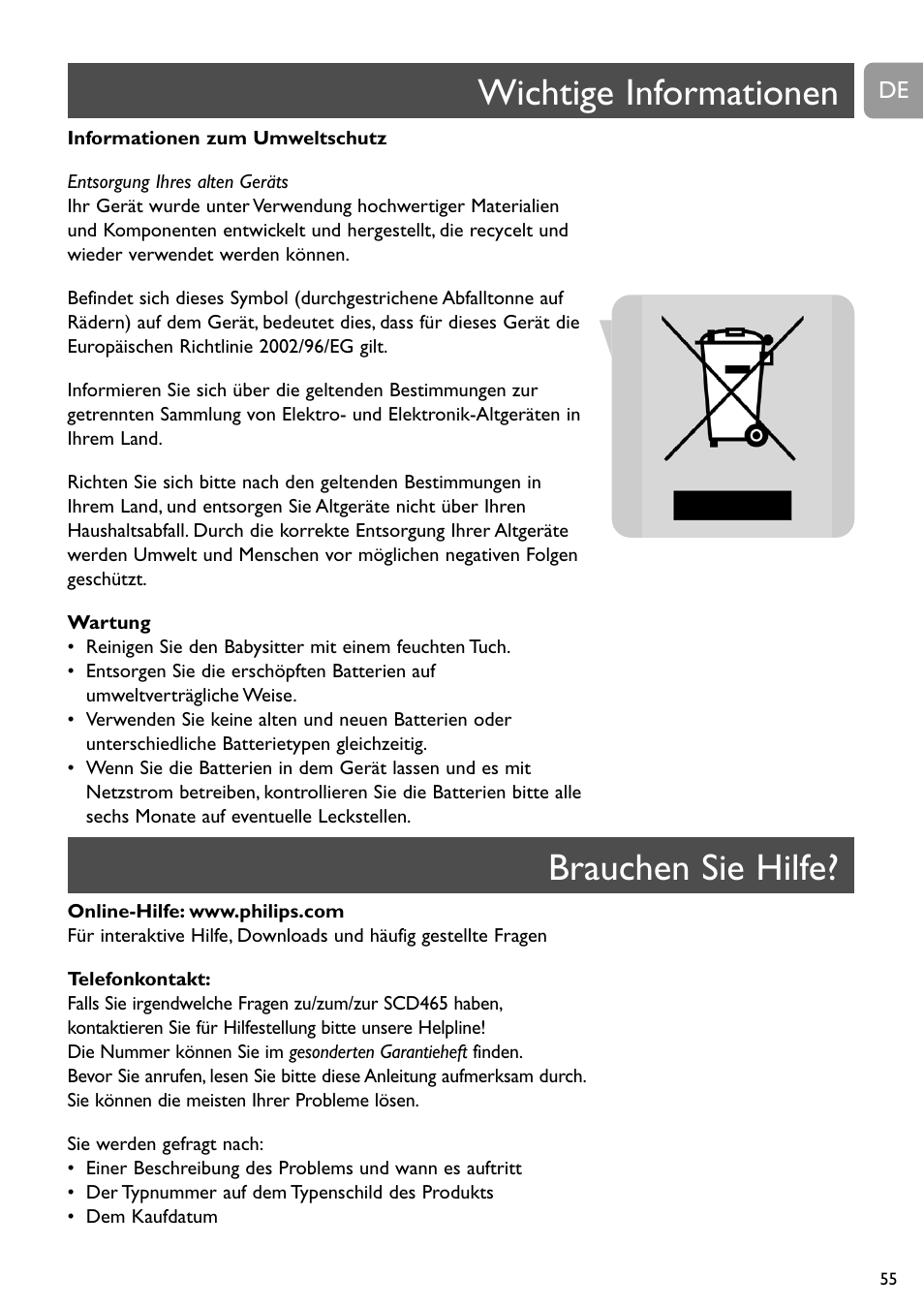Wichtige informationen, Brauchen sie hilfe | Philips SBCSC465 User Manual | Page 55 / 173