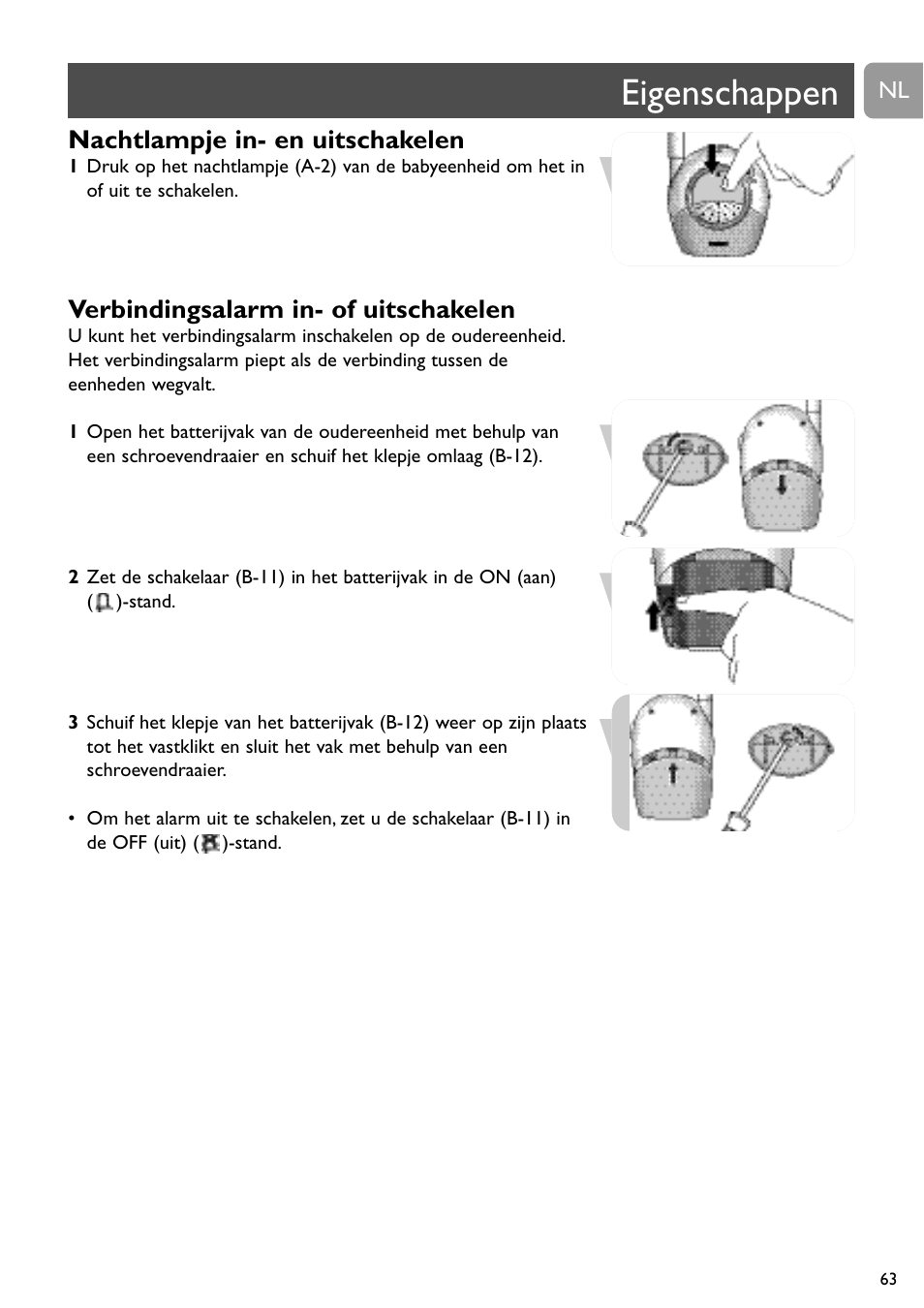 Eigenschappen, Nachtlampje in- en uitschakelen, Verbindingsalarm in- of uitschakelen | Philips SBCSC465 User Manual | Page 63 / 173