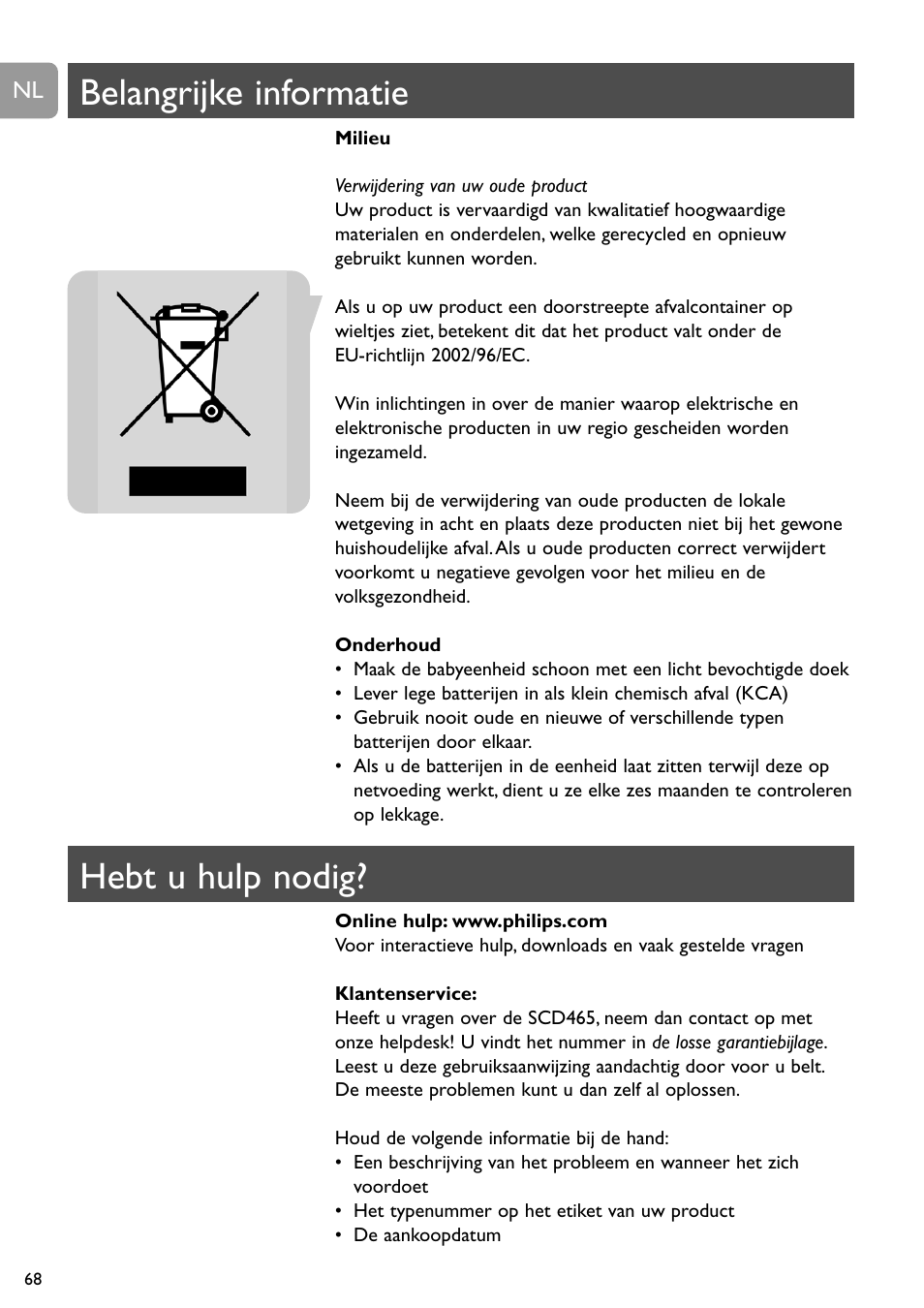 Belangrijke informatie, Hebt u hulp nodig | Philips SBCSC465 User Manual | Page 68 / 173