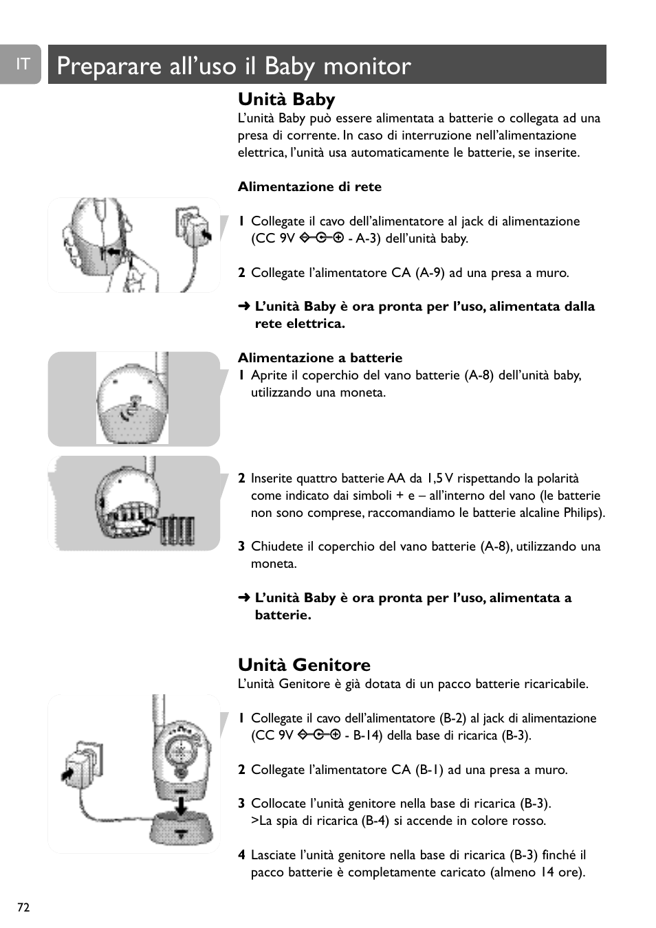 Preparare all’uso il baby monitor, Unità baby, Unità genitore | Philips SBCSC465 User Manual | Page 72 / 173