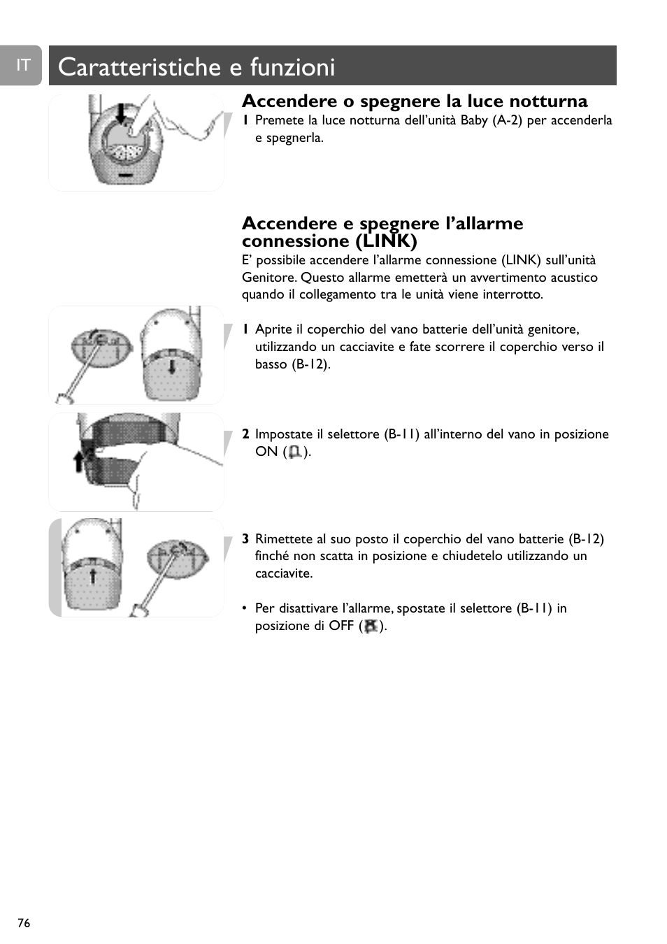 Caratteristiche e funzioni, Accendere o spegnere la luce notturna, Accendere e spegnere l’allarme connessione (link) | Philips SBCSC465 User Manual | Page 76 / 173