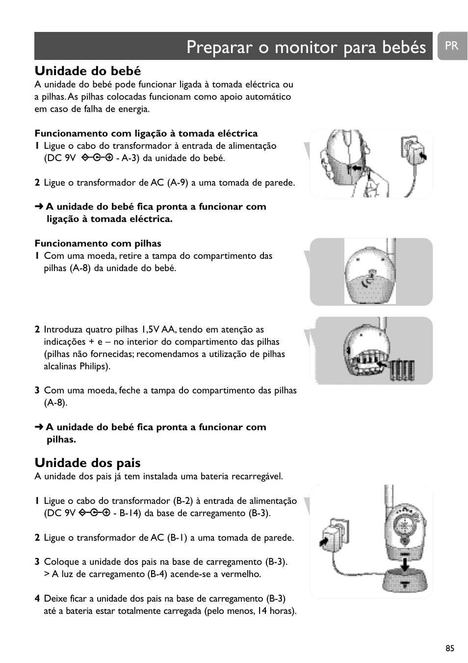 Preparar o monitor para bebés, Unidade do bebé, Unidade dos pais | Philips SBCSC465 User Manual | Page 85 / 173