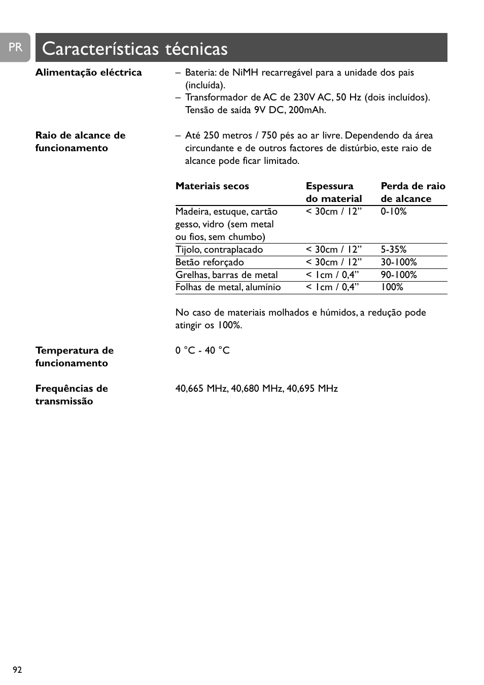 Características técnicas | Philips SBCSC465 User Manual | Page 92 / 173