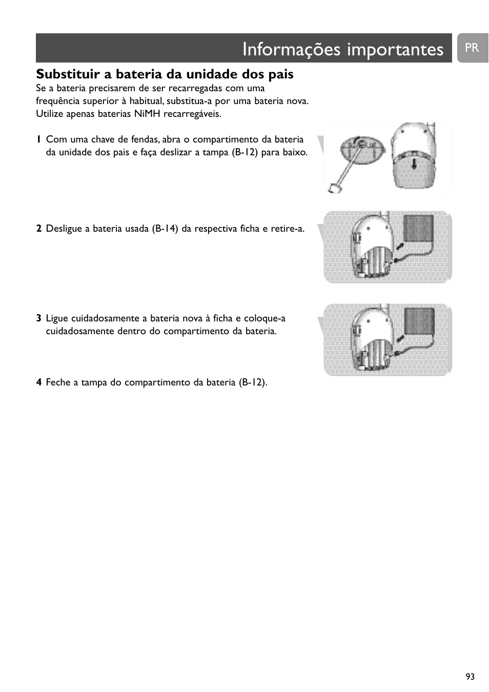 Informações importantes, Substituir a bateria da unidade dos pais | Philips SBCSC465 User Manual | Page 93 / 173