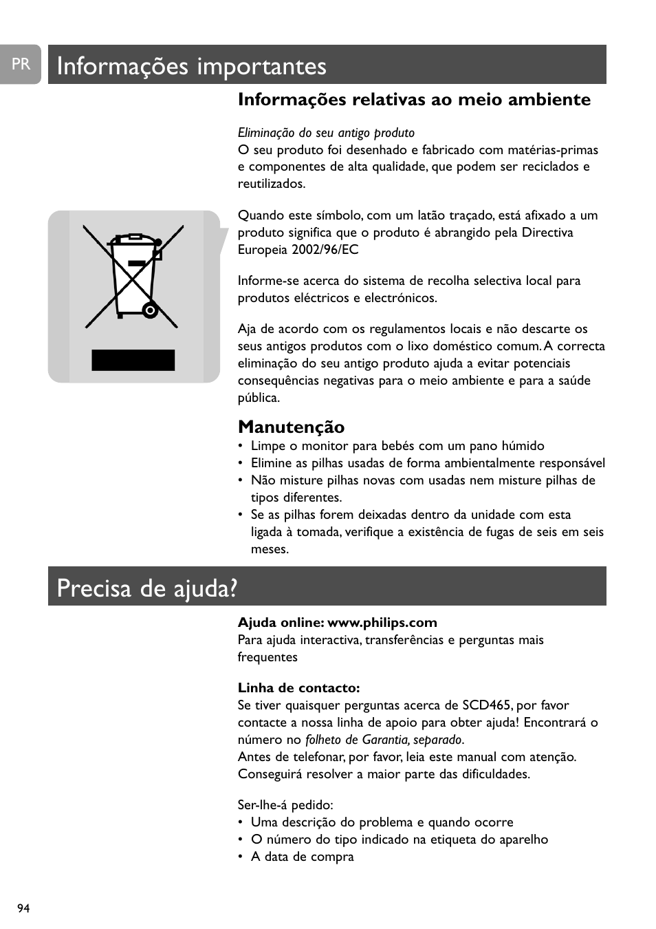 Informações importantes, Precisa de ajuda, Informações relativas ao meio ambiente | Manutenção | Philips SBCSC465 User Manual | Page 94 / 173