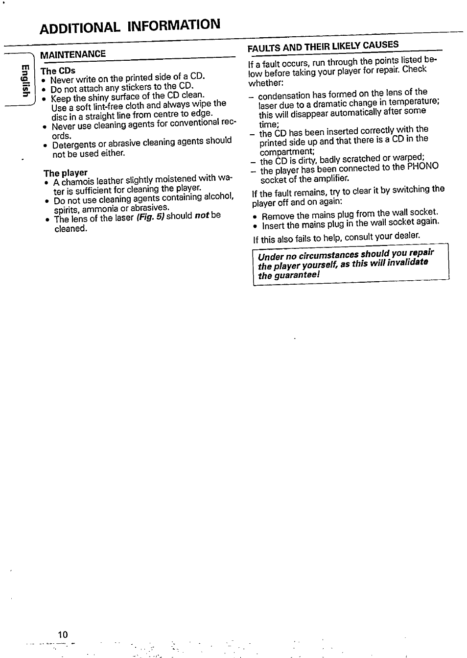 Faults and their likely causes, The cds, The player | Additional information | Philips CD 335 User Manual | Page 10 / 18