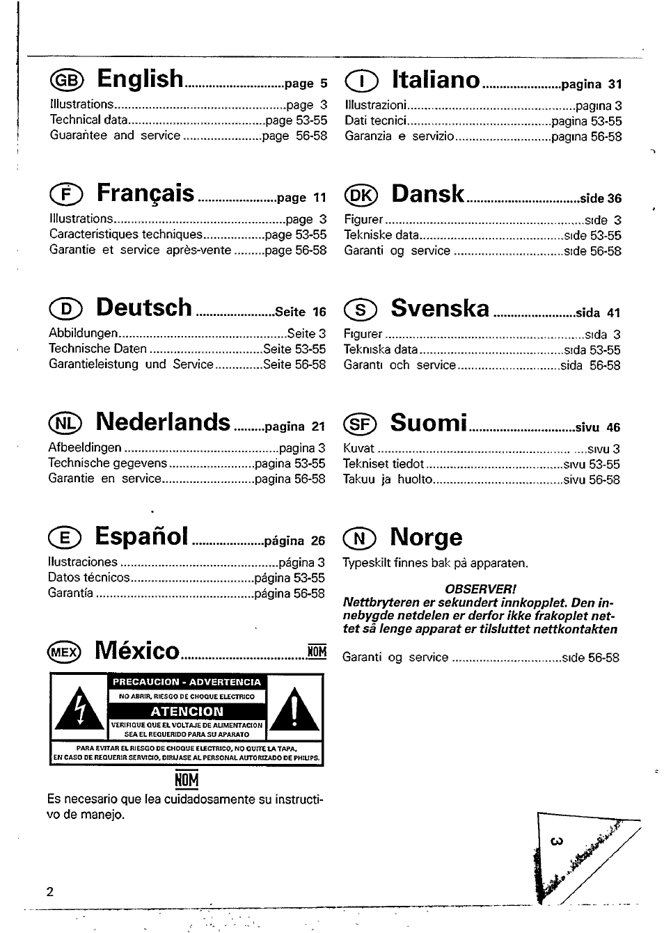 English, Cd italiano, Français | G) dansk....................side 36, Deutsch, Svenska, Nederlands, Suomi, Español, México. ® norge | Philips CD 335 User Manual | Page 2 / 18