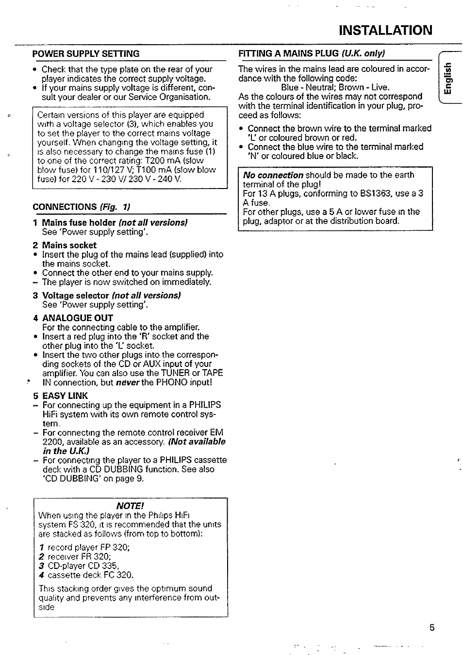 1 mains fuse holder (not all versions), 2 mains socket, 3 voltage selector (not all versions) | 4 analogue out, 5 easy link, Fitting a mains plug (u.k. only), Installation | Philips CD 335 User Manual | Page 5 / 18