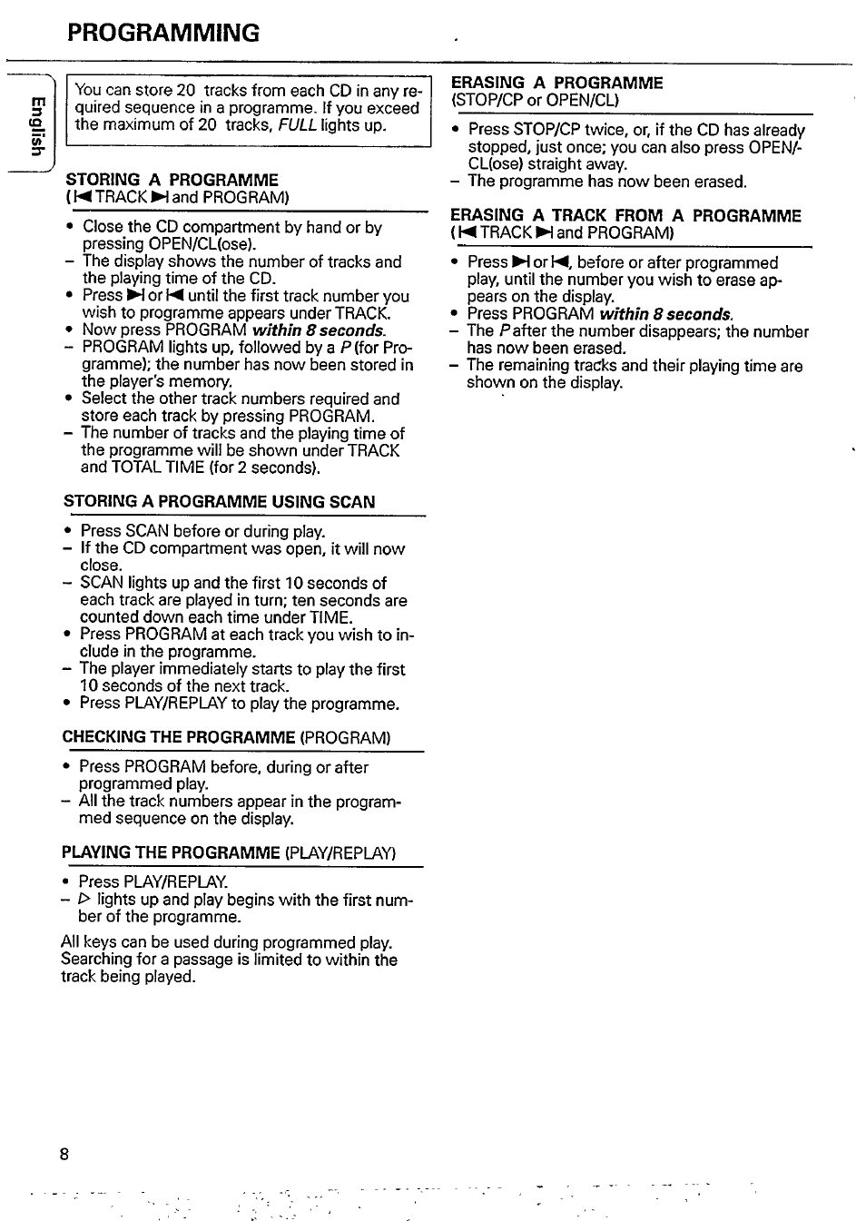 Programming, K track ►! and program), Storing a programme using scan | Checking the programme (program), Playing the programme (play/replay), Erasing a track from a programme | Philips CD 335 User Manual | Page 8 / 18