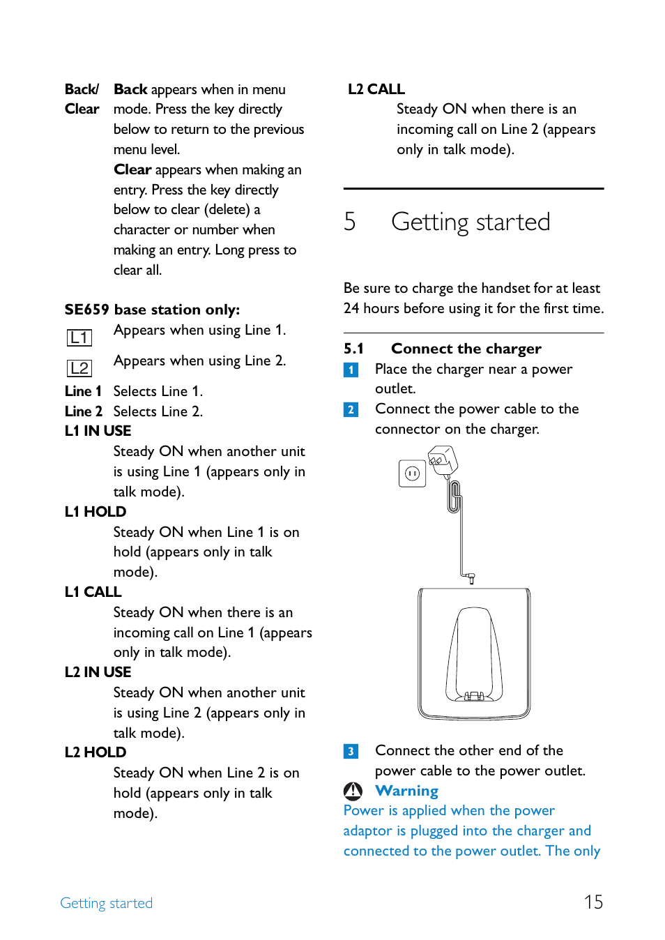 5 getting started, 1 connect the charger, Getting started | Connect the charger, 5getting started | Philips SE6590B/37 User Manual | Page 17 / 29