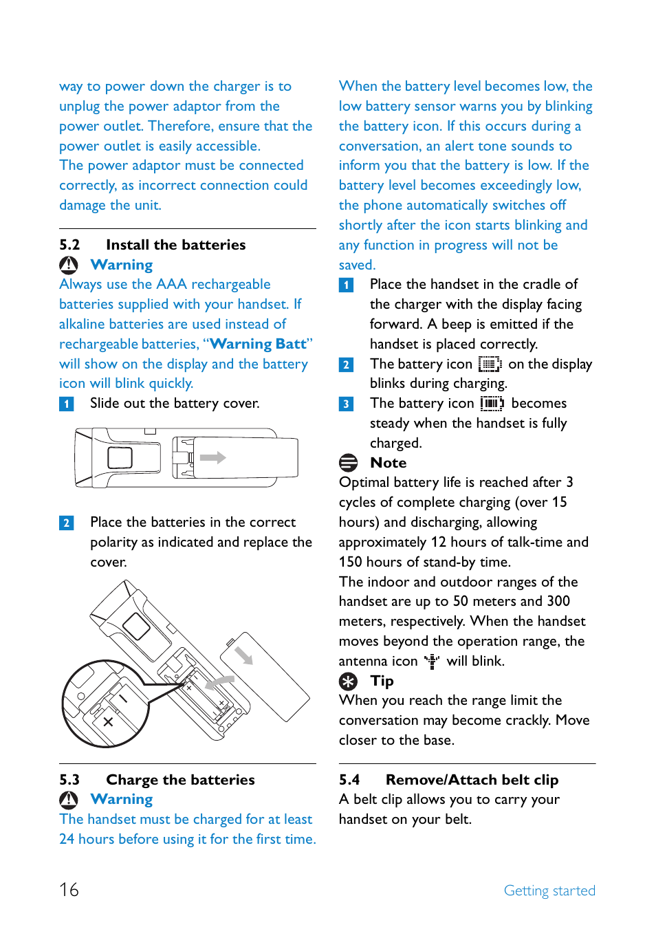 2 install the batteries, 3 charge the batteries, 4 remove/attach belt clip | Install the batteries, Charge the batteries, Remove/attach belt clip | Philips SE6590B/37 User Manual | Page 18 / 29