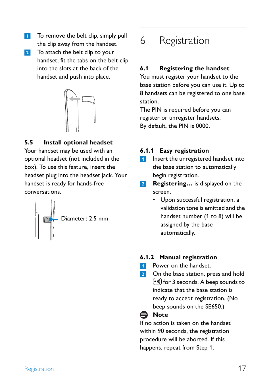 5 install optional headset, 6 registration, 1 registering the handset | Install optional headset, Registration, Registering the handset, Easy registration, Manual registration, 6registration | Philips SE6590B/37 User Manual | Page 19 / 29