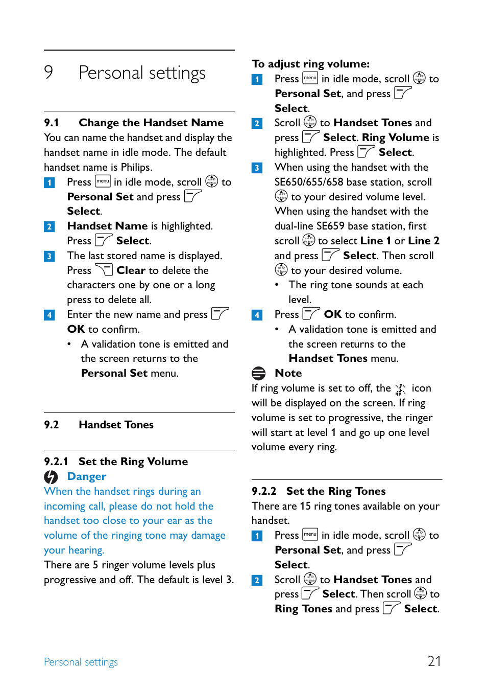 9 personal settings, 1 change the handset name, 2 handset tones | Personal settings, Change the handset name 21, Handset tones, Set the ring volume, Set the ring tones, 9personal settings | Philips SE6590B/37 User Manual | Page 23 / 29