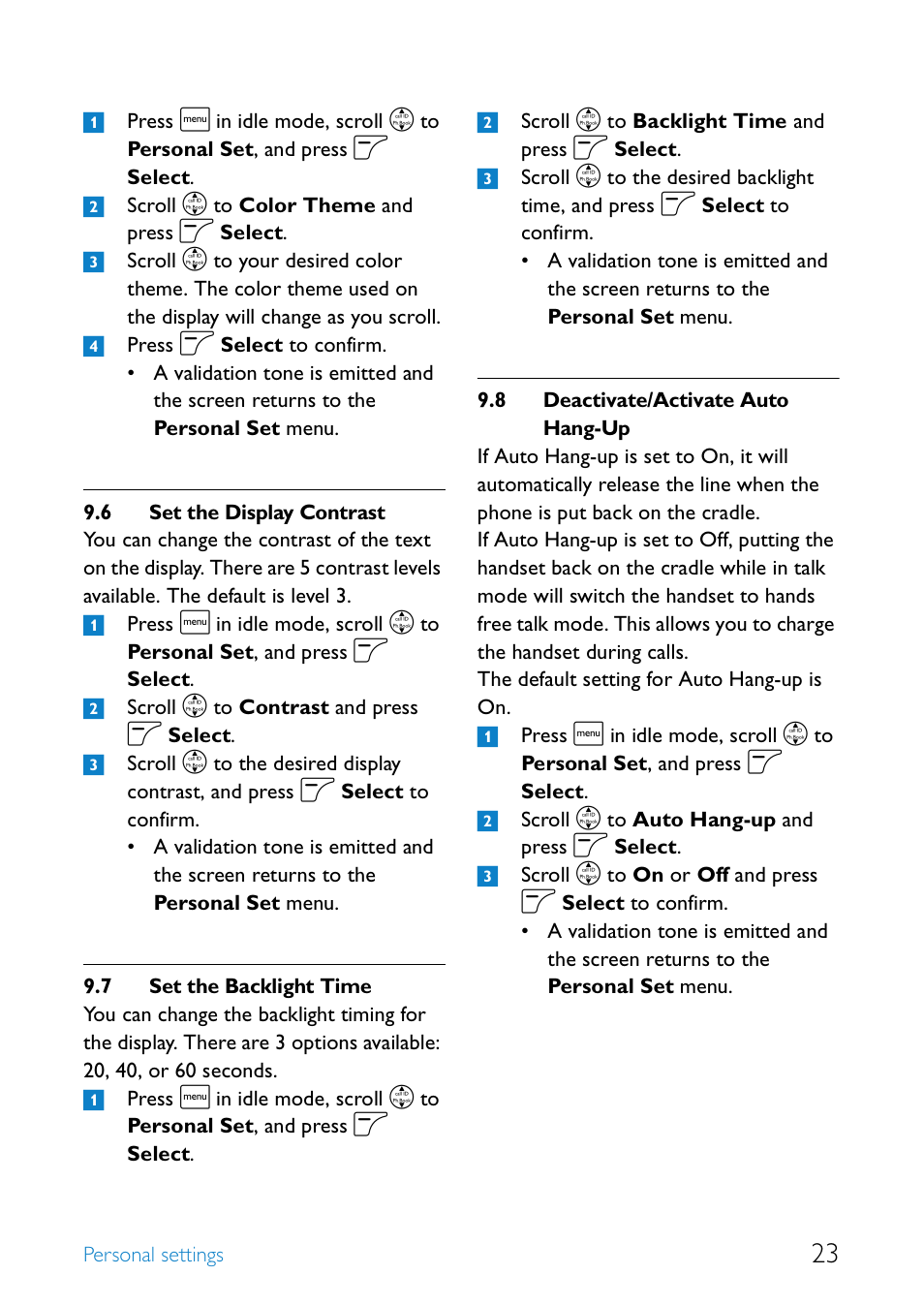 6 set the display contrast, 7 set the backlight time, 8 deactivate/activate auto hang-up | Set the display contrast, Set the backlight time, Deactivate/activate auto hang-up | Philips SE6590B/37 User Manual | Page 25 / 29