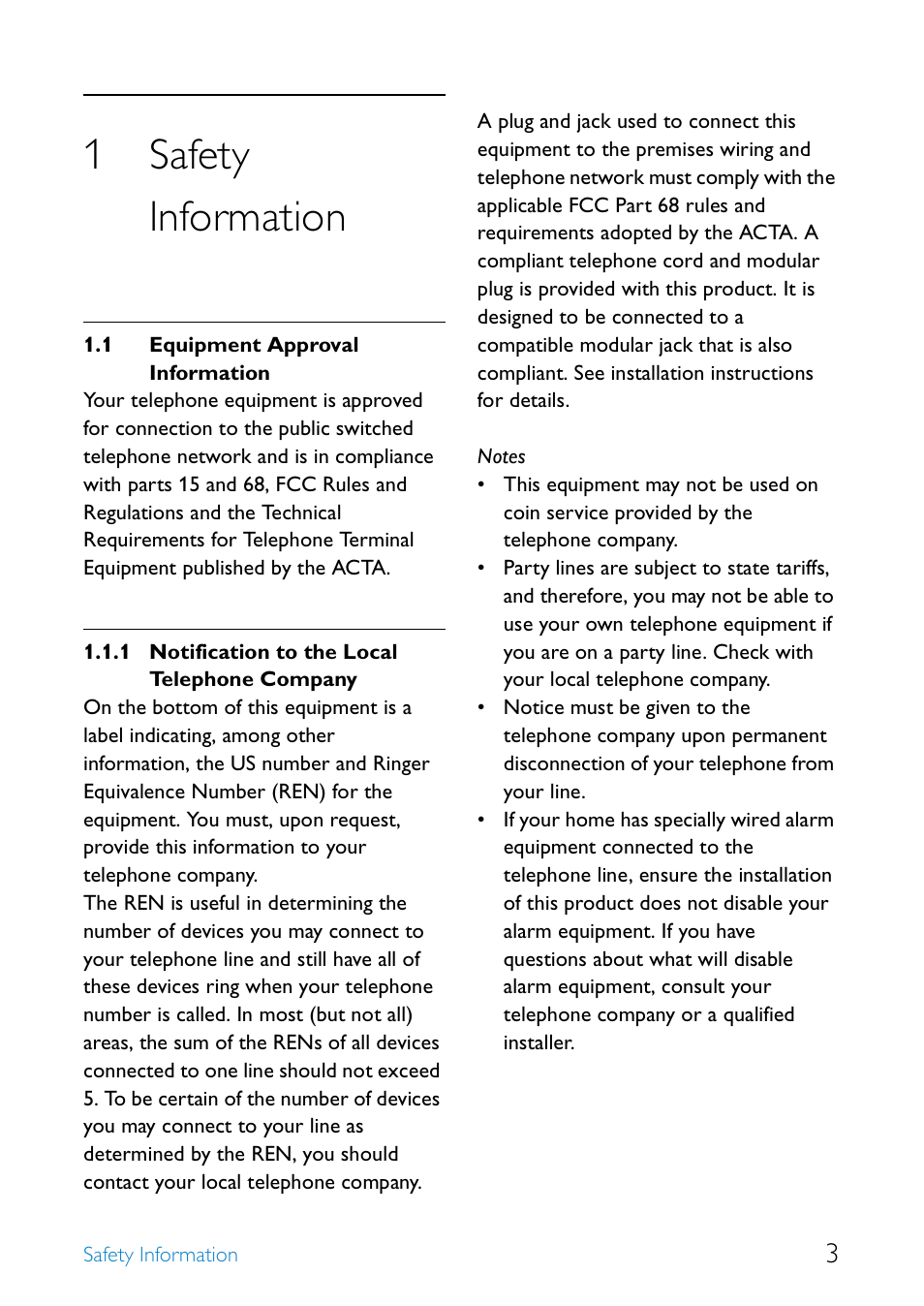 1 safety information, 1 equipment approval information, Safety information | Equipment approval information, Notification to the local telephone company, 1safety information | Philips SE6590B/37 User Manual | Page 5 / 29