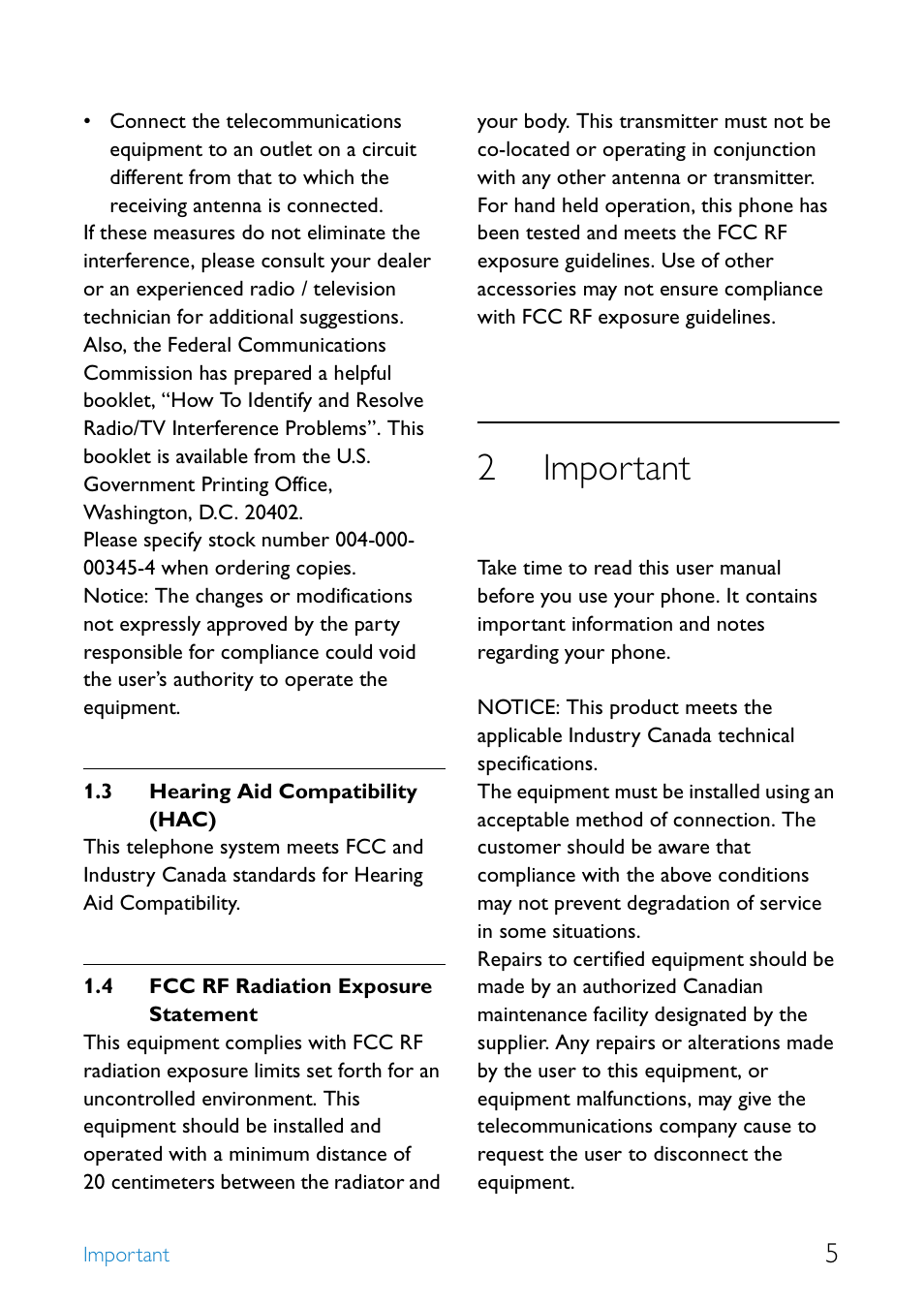 3 hearing aid compatibility (hac), 4 fcc rf radiation exposure statement, 2 important | Hearing aid compatibility (hac), Fcc rf radiation exposure statement, Important, 2important | Philips SE6590B/37 User Manual | Page 7 / 29