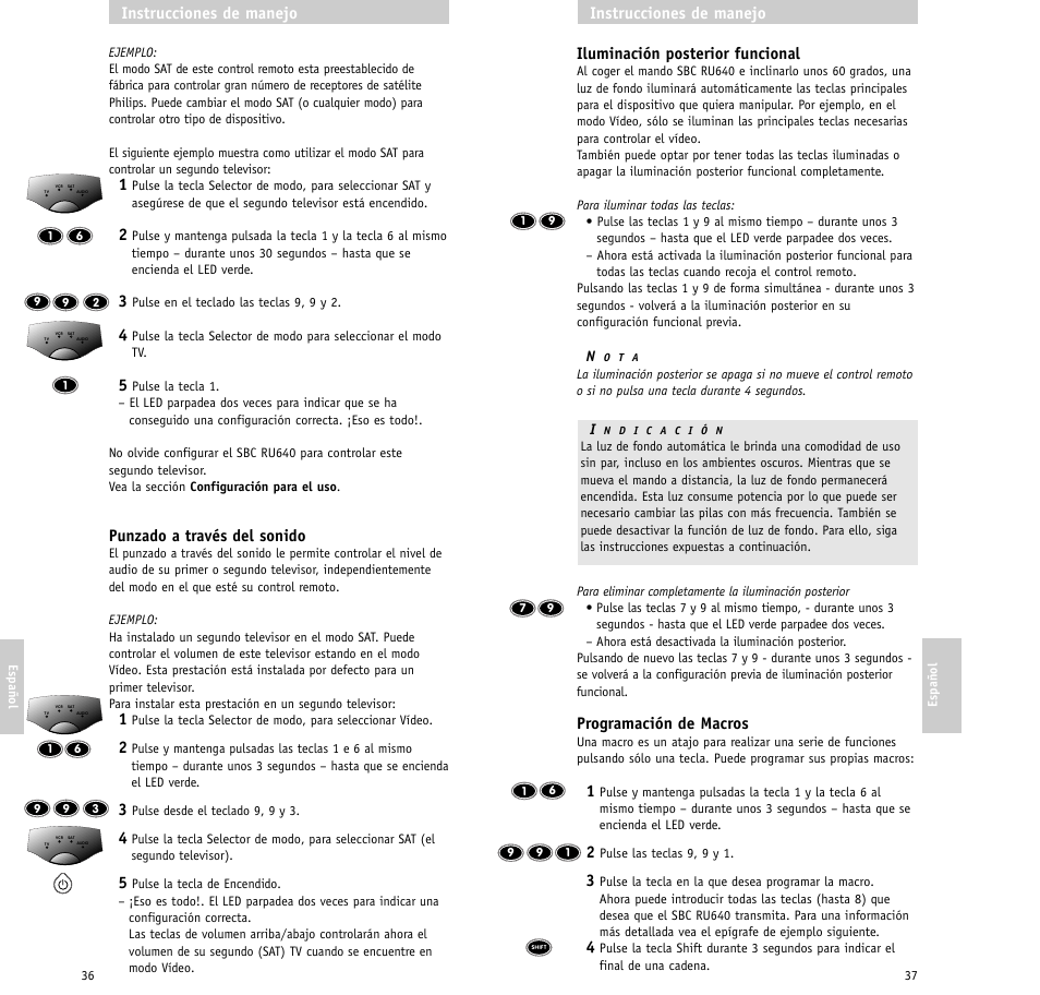 Iluminación posterior funcional, Programación de macros, Instrucciones de manejo | Punzado a través del sonido | Philips SBC RU640/00 User Manual | Page 19 / 40