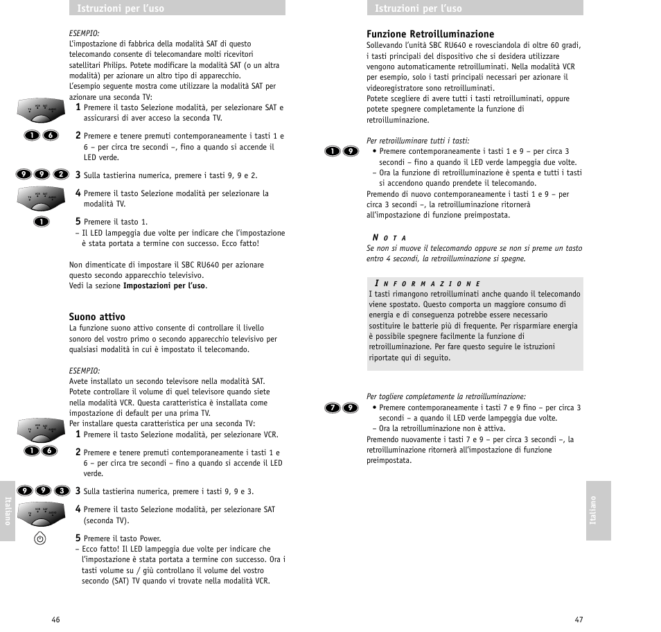 Funzione retroilluminazione, Istruzioni per l’uso, Suono attivo | Philips SBC RU640/00 User Manual | Page 24 / 40