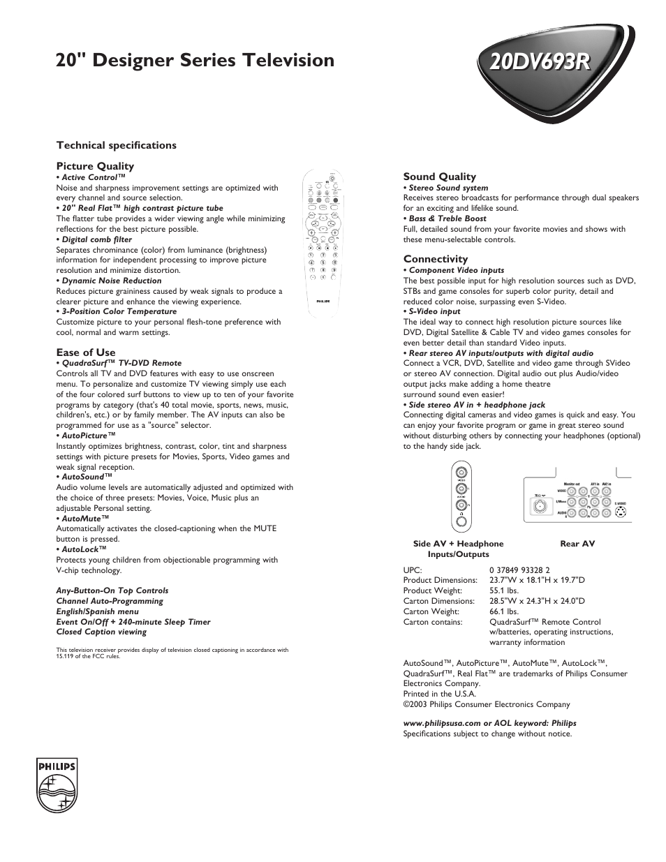 20" designer series television | Philips 20DV693R User Manual | Page 2 / 2