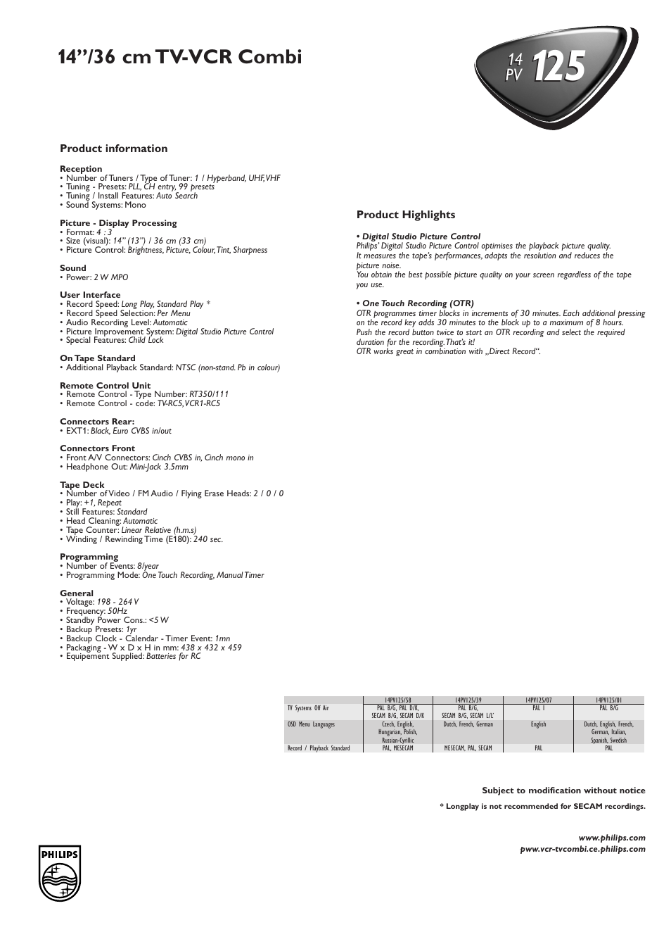 14’’/36 cm tv-vcr combi, 14 pv | Philips PV 12514 User Manual | Page 2 / 2