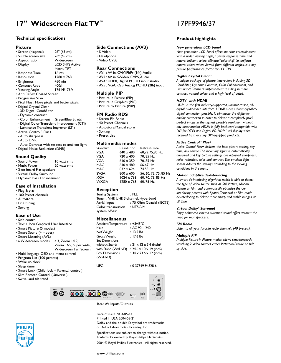 17" widescreen flat tv | Philips 17PF9946/37 User Manual | Page 2 / 2