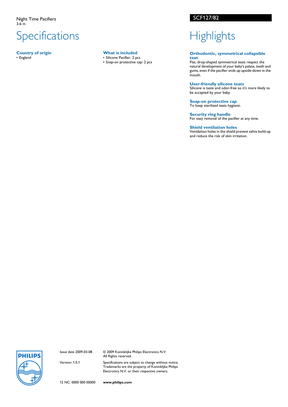 Specifications, Highlights | Philips AVENT SCF127/82 User Manual | Page 2 / 2