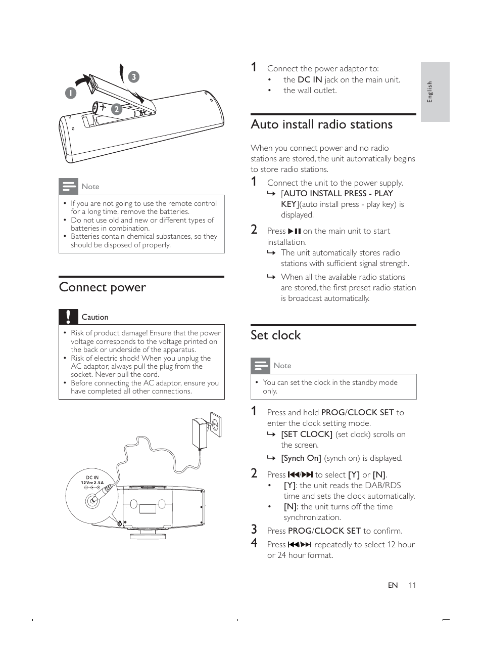 Auto install radio stations, Set clock, Connect power | Philips DCB293 User Manual | Page 10 / 22