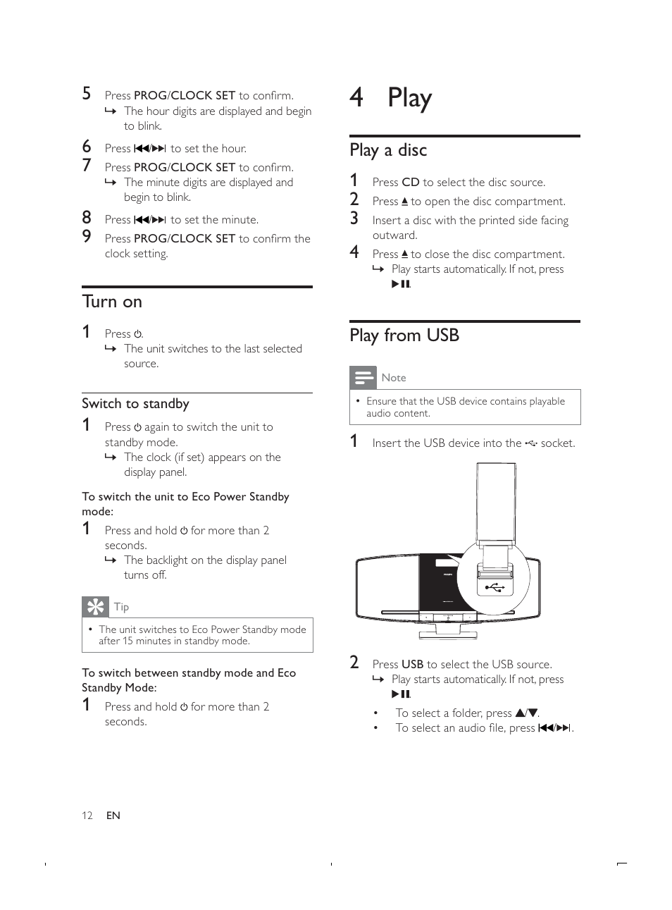 4 play, Play a disc 1, Play from usb | Turn on 1 | Philips DCB293 User Manual | Page 11 / 22