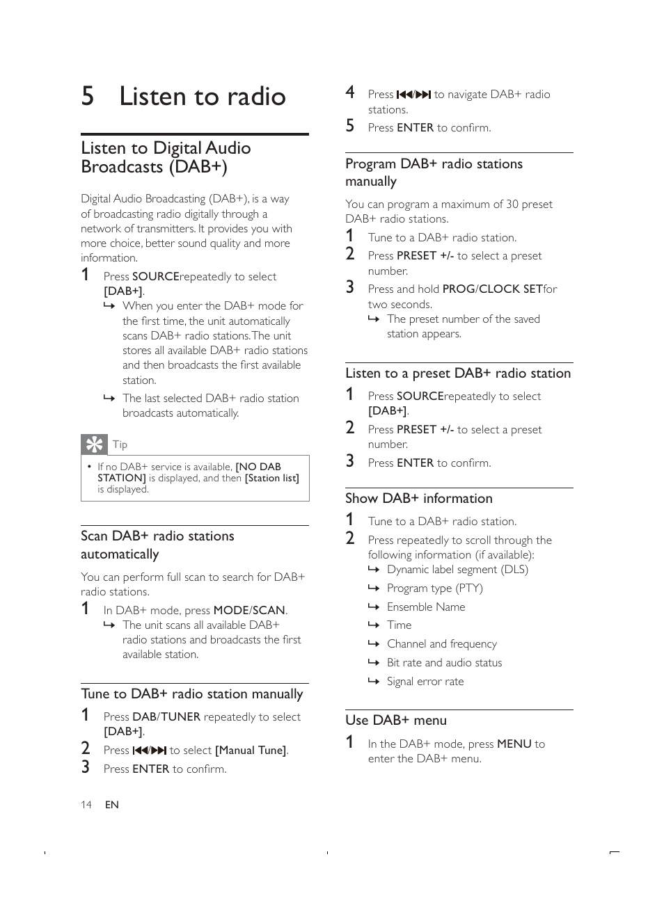 5 listen to radio, Listen to digital audio broadcasts (dab+) | Philips DCB293 User Manual | Page 13 / 22