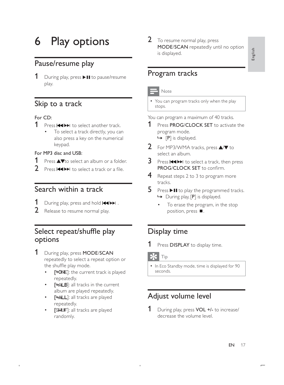 6 play options, Program tracks, Display time 1 | Adjust volume level 1, Pause/resume play 1, Skip to a track, Search within a track 1, 6hohfwuhshdwvkxiáhsod\ options 1 | Philips DCB293 User Manual | Page 16 / 22