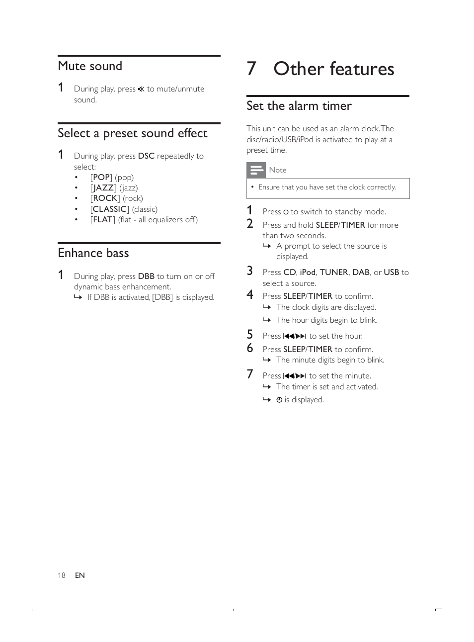 7 other features, Set the alarm timer, Mute sound 1 | Select a preset sound effect 1, Enhance bass 1 | Philips DCB293 User Manual | Page 17 / 22