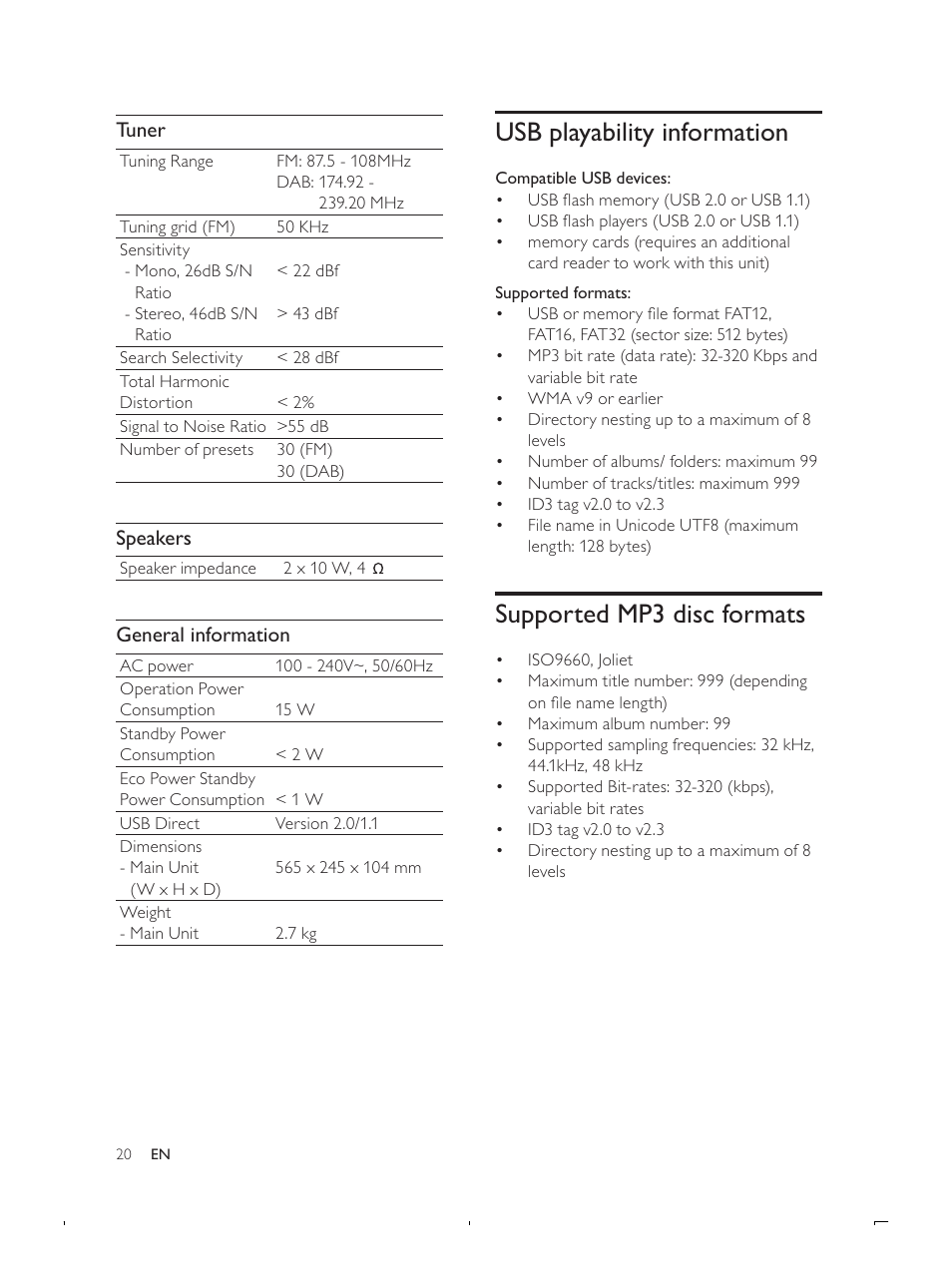 Usb playability information, Supported mp3 disc formats, Tuner | Speakers, General information | Philips DCB293 User Manual | Page 19 / 22