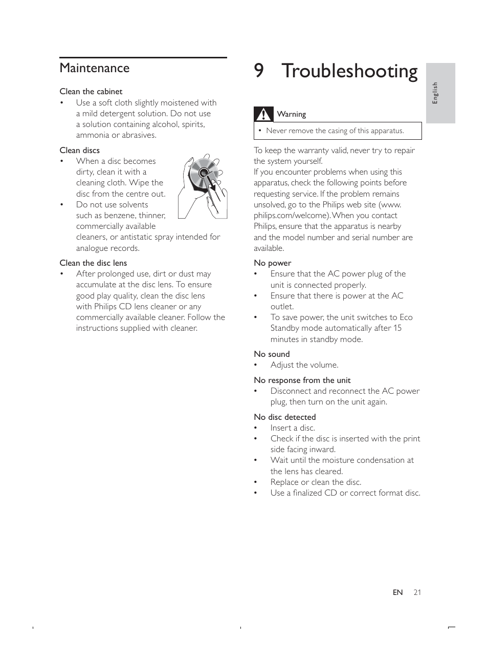 9 troubleshooting, Maintenance | Philips DCB293 User Manual | Page 20 / 22