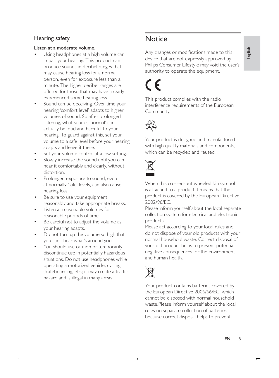 Notice, Hearing safety | Philips DCB293 User Manual | Page 4 / 22