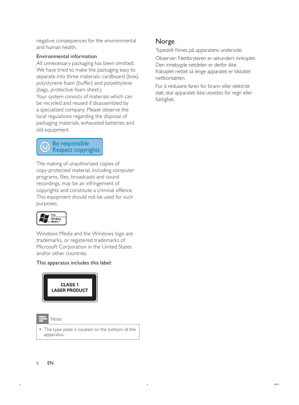 Norge | Philips DCB293 User Manual | Page 5 / 22