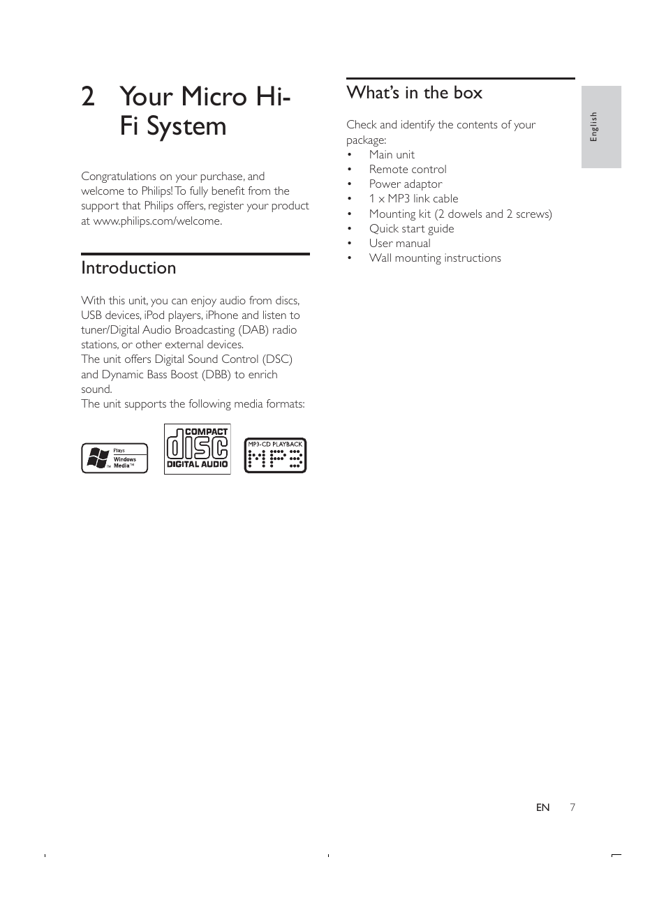 2 your micro hi- fi system, What’s in the box, Introduction | Philips DCB293 User Manual | Page 6 / 22