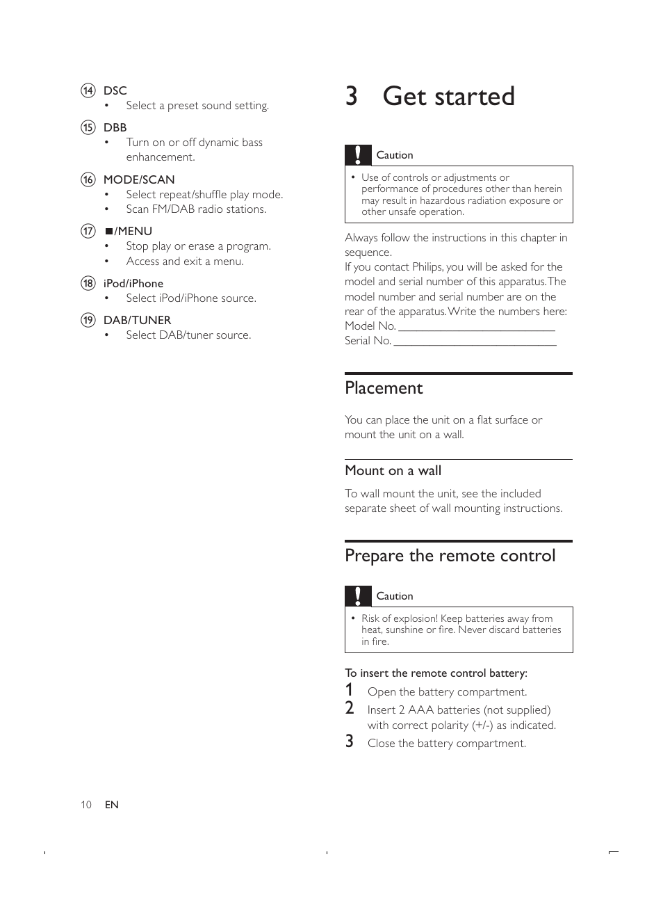 3 get started, Placement, Prepare the remote control | Philips DCB293 User Manual | Page 9 / 22