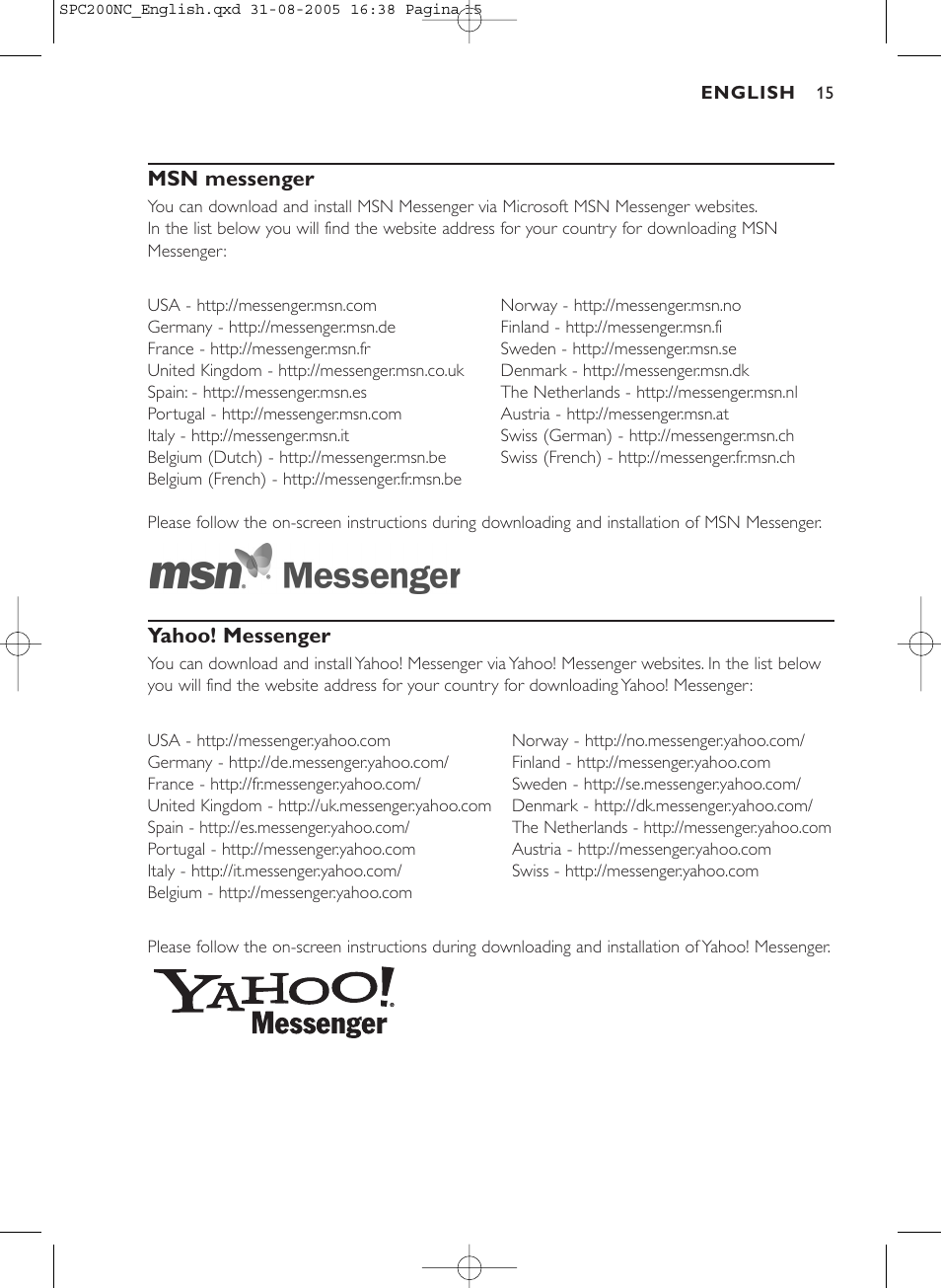 Msn messenger, Yahoo! messenger | Philips SPC 200NC User Manual | Page 15 / 22