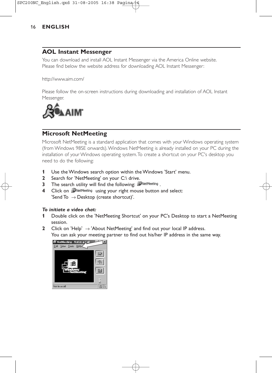 Aol instant messenger, Microsoft netmeeting | Philips SPC 200NC User Manual | Page 16 / 22