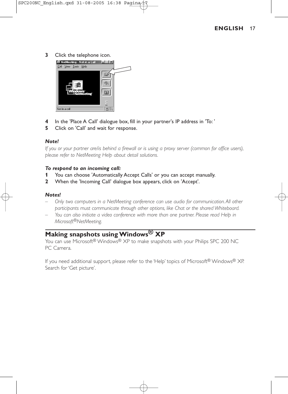 Making snapshots using windows® xp | Philips SPC 200NC User Manual | Page 17 / 22