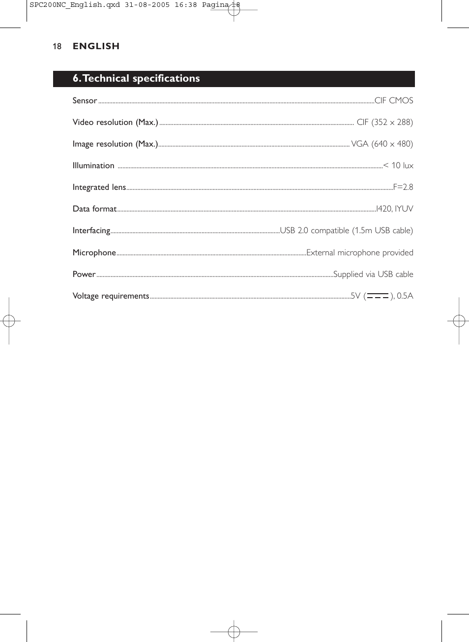 Technical specifications | Philips SPC 200NC User Manual | Page 18 / 22