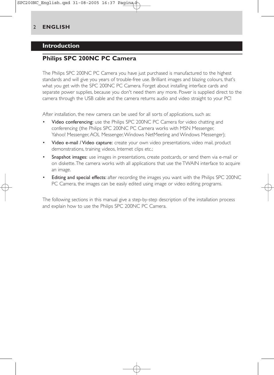 Introduction philips spc 200nc pc camera | Philips SPC 200NC User Manual | Page 2 / 22